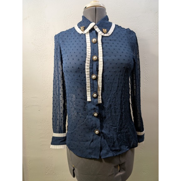 Sister Jane Tops - Sister Jane Blouse Women's Small Ruffle Navy, Faux Pearl Buttons